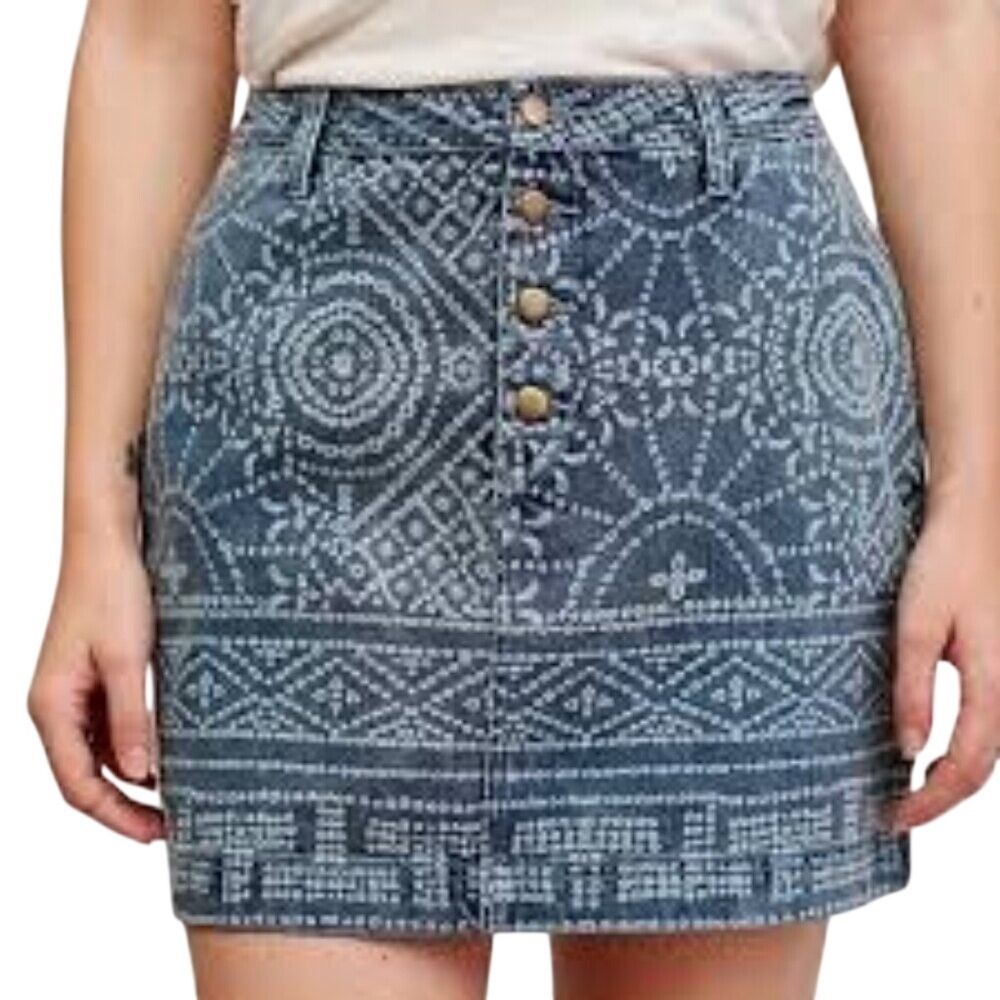 Free People Patterned Button-Front Denim Mini Skirt – Size‎ 2